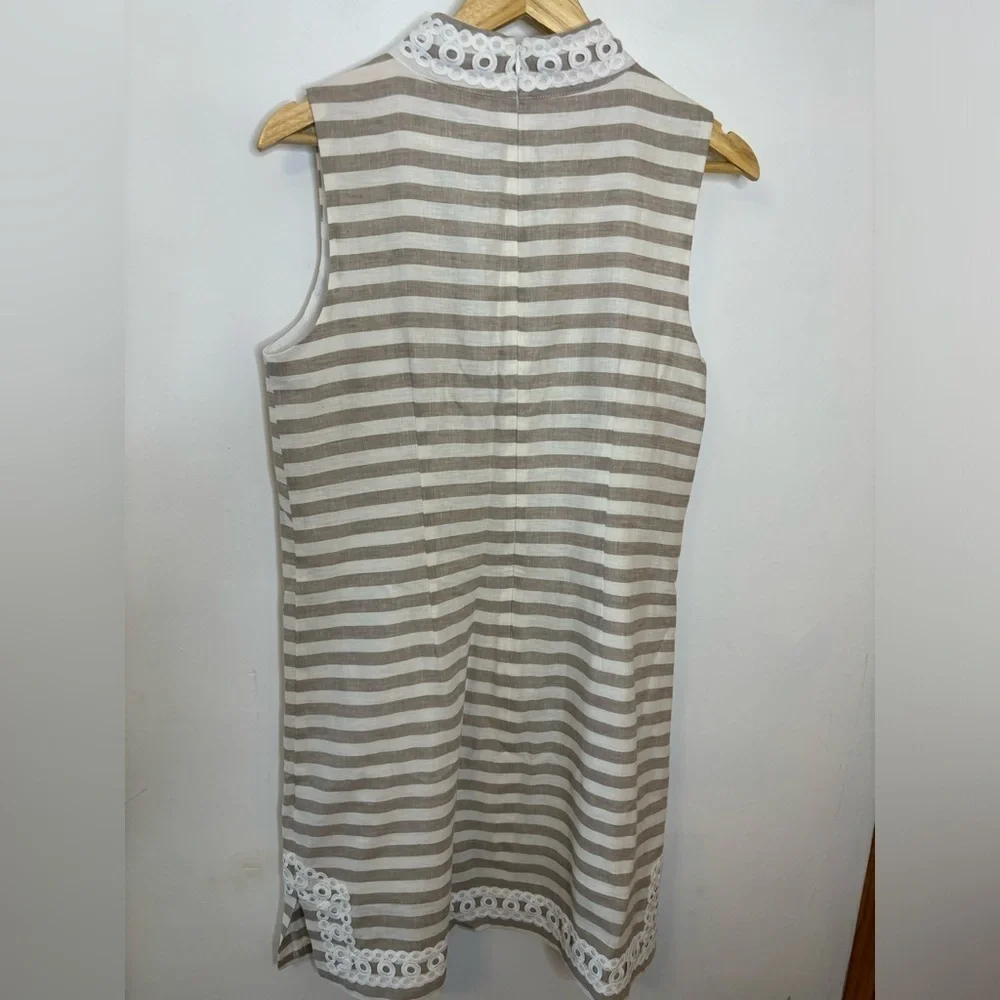 Eliza J Tan And White Striped Linen Shift White Crochet Trim